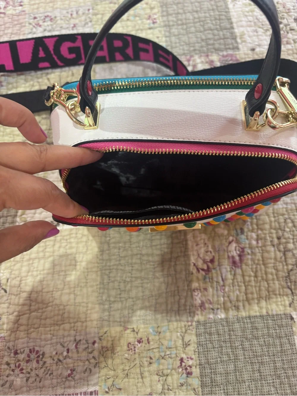 White Multicolor Studded Crossbody Bag with Top Handle